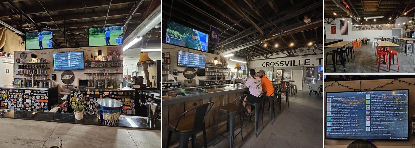 Interior, tap list, and seating at Social Brew